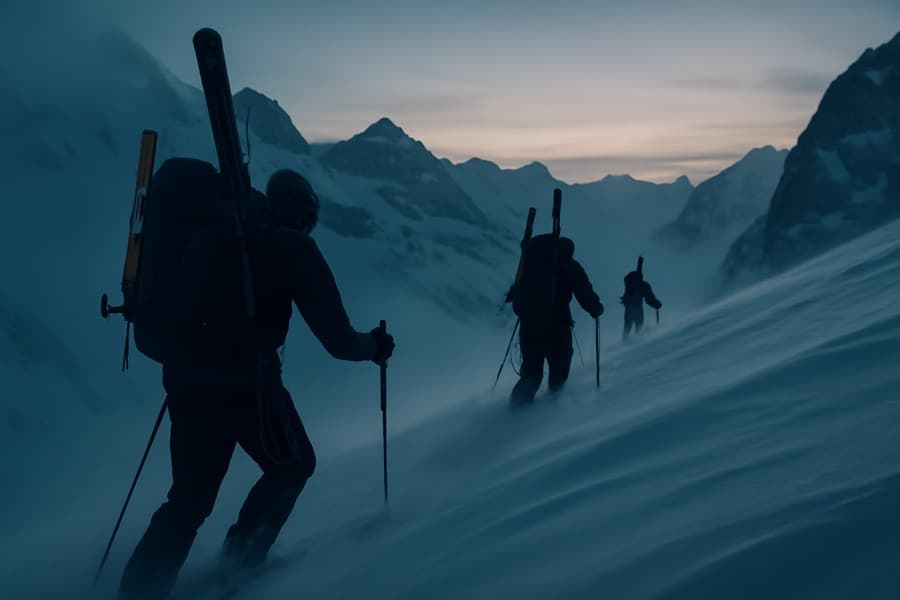 Skialpinisté stoupající po zasněženém hřebeni